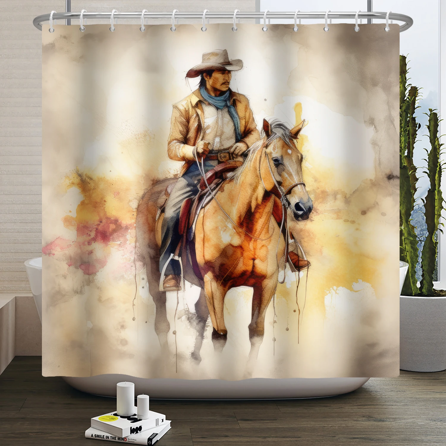 Western Cowboy Shower Curtain Country Cowboy Riding Horse Wild West Farmhouse Bathroom Curtain Minimalist Aesthetic Bath Curtain