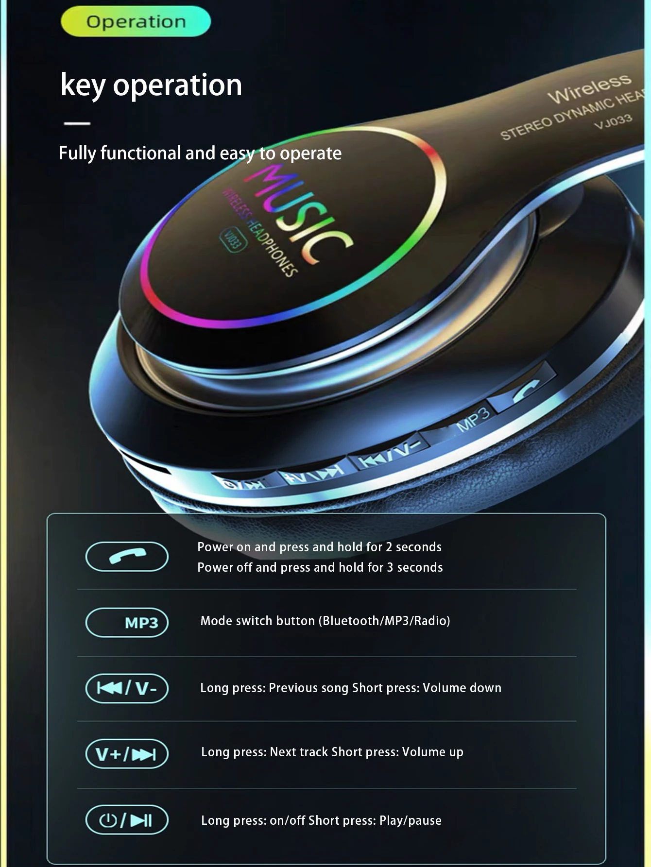 Fones de ouvido Bluetooth sobre-auriculares coloridos e brilhantes com bateria de longa duração, adequados para jogos e esportes.