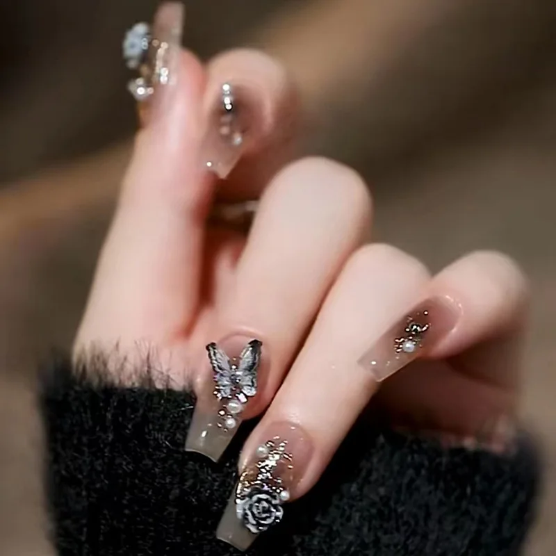

24pcs 3D Crystal Camellia Press-On Nails - Butterfly & Pearl Glitter on Light Brown Ombré Medium Square False Nails