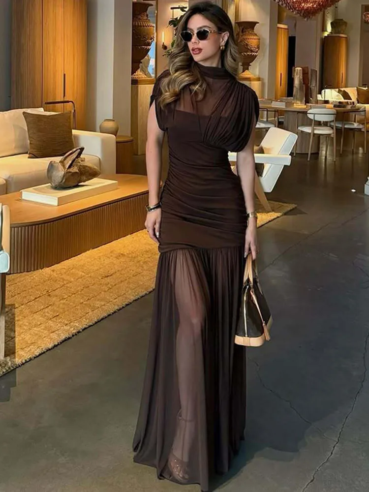 

Элегантное прозрачное длинное платье MCDV с сетчатыми вставками и плиссировкой, без рукавов, для вечеринок, весна 2026