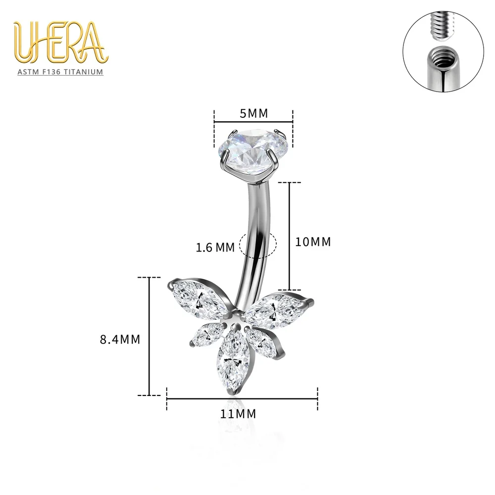 G23 Titanium Belly Button Ring Internally Threaded Navel Piercing Jewelry CZ Flower Butterfly Belly Button Piercing Jewelry