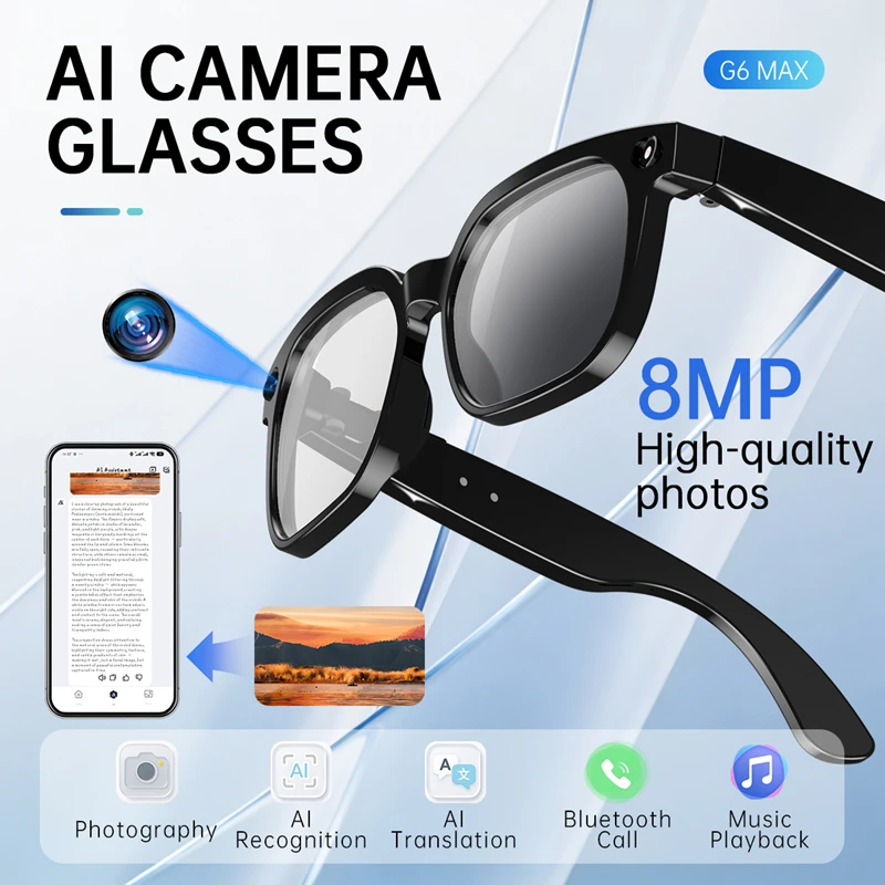 AI Smart Audio-Brille mit 4K HD-Kamera, WLAN-Videoaufzeichnung, Bluetooth-Anruffunktion, mehrsprachiger Übersetzung und tragbarem Smart-Eyewear – Detail 6