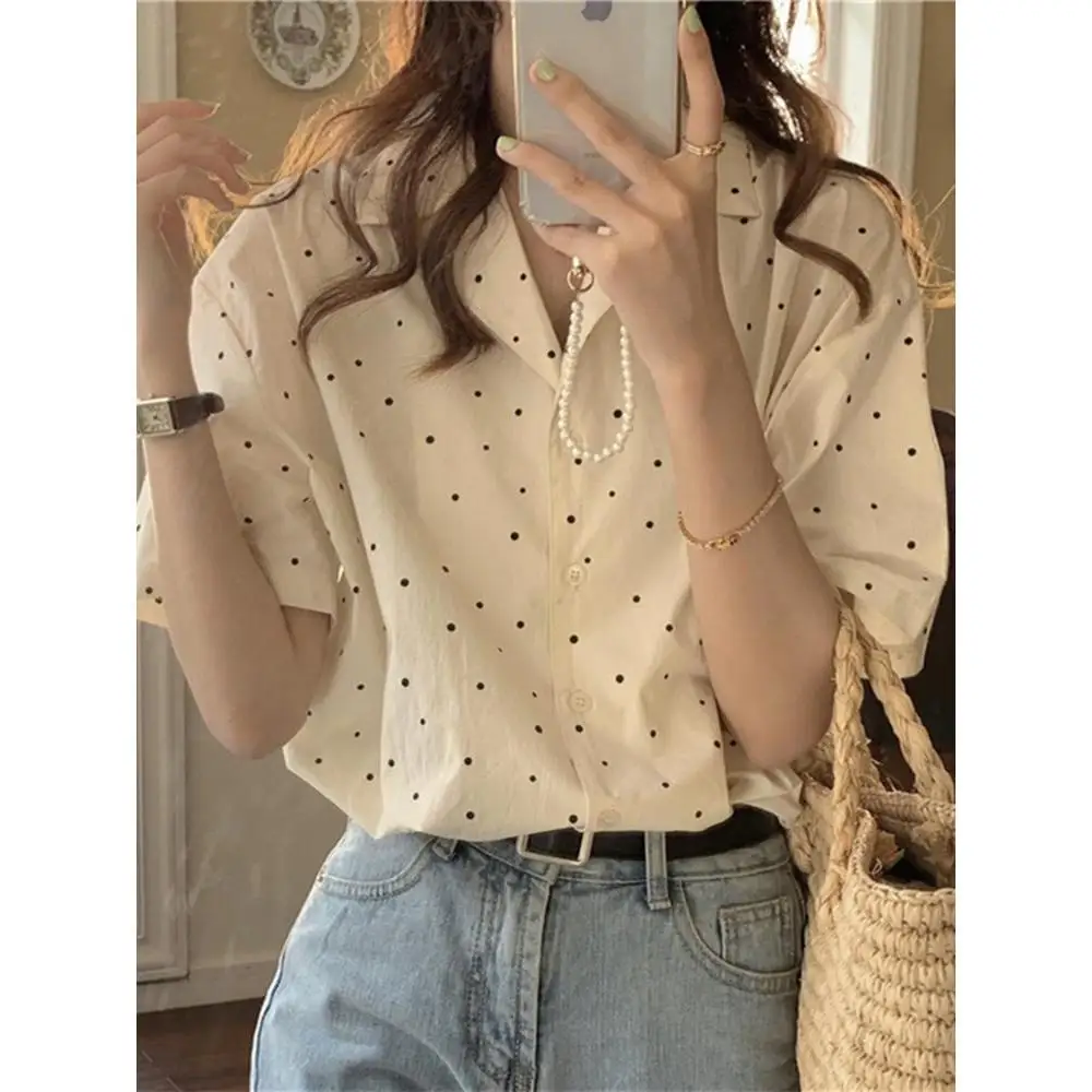 Unique Beautiful Polka Dot Short Sleeves Shirt for Women's Summer New Tailored Collar Gentle Loose Slimming Versatile Top