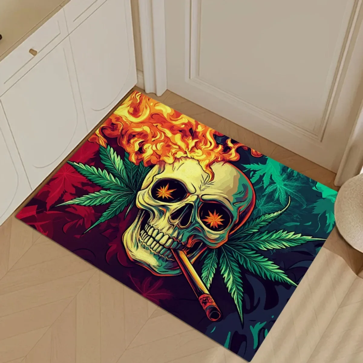 Two D Flat Burning Skull Cannabis Leaves Psychedelic Flannel Area Rug Non Slip Edgy Rock Art Carpet For Man Cave Bedroom Floor