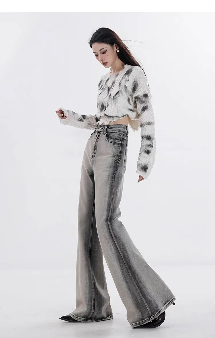 Women's Washed Water Grey Micro Flare Jeans Straight Summer Denim Trousers Girl Wide Leg Pants Female High Waisted Sweatpants