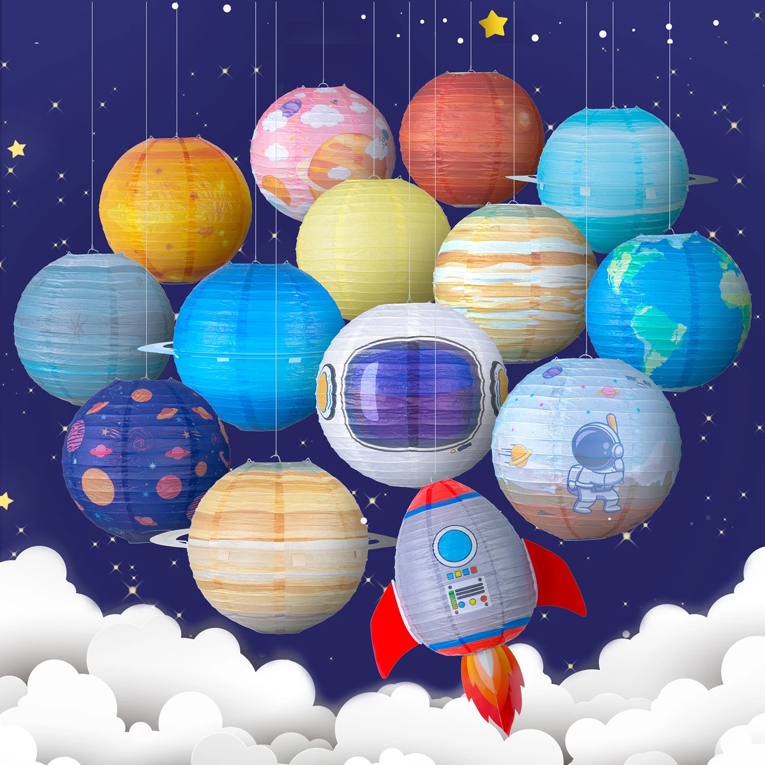 Cartoon Outer Space Party Paper Lantern Hanging Solar System Planet Lantern Galaxy Party Lampion Kids Birthday Decoration