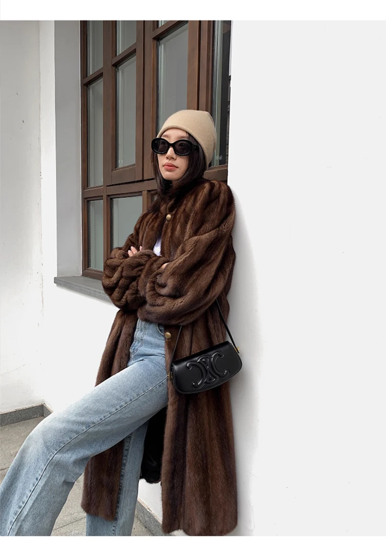 Lautaro Winter Long Brown Thick Warm Soft Faux Mink Fur Coat Women Puff Sleeve Elegant Luxury Chic Fluffy Furry Overcoat 2023