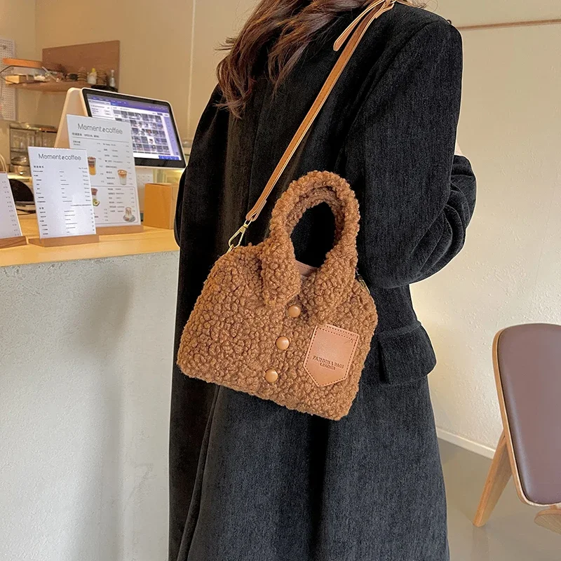 2023 Winter Warm Lamb Woolen Handbag Green Brown Women Bag Trend Zipper Jacket Bag Clothing Femme Leather Shoulder Crossbody Bag