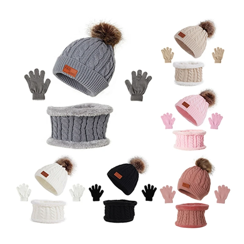 

Winter Warm Baby Solid Color Hat Gloves Scarf Set Fur Ball Mitten