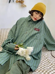 Zoki Vintage American Striped Shirts Women Streetwear Loose Y2K Blouse Casual Long Sleeve Retro Female Harajuku Pockets Bf Tops