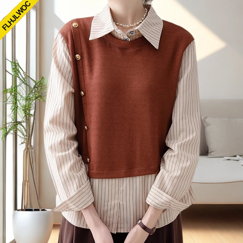 Offres spéciales nouveau 2025 bureau Blouse femmes mode mignon doux Style Preppy filles Patchwork hauts à rayure faux deux pièces conception chemises