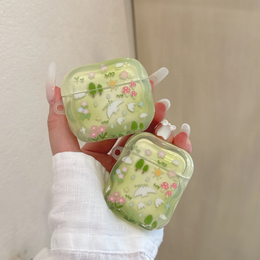 Fresh Green Forest Garden Swallow Wavy Edge With Pendant Shock Proof Earphone Cover Case for AirPods 1 or 2 3 4 5 Pro 2 Pro 3