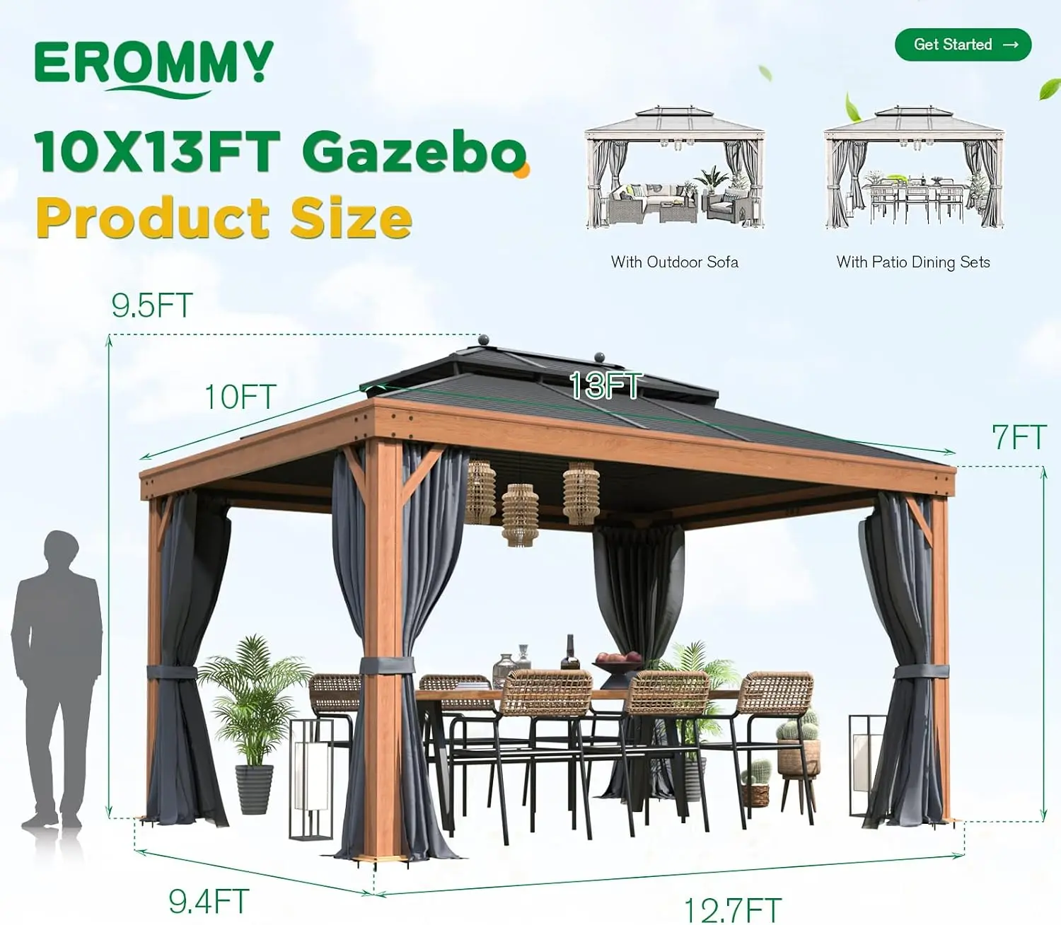 10 X13 Hardtop Gazebo Outdoor Aluminum Wood Grain Galvanized Steel Roof Mosquito Net Patio Deck Backyard Curtains Netting
