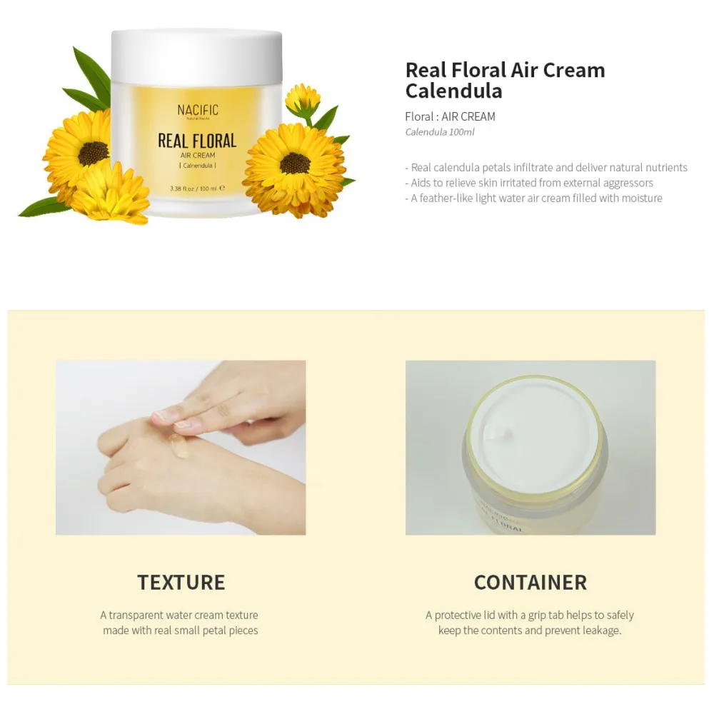 Nacific Real Floral Air Cream Calendula 100ml Face Serum Moisturizing Nourishing Reduce Wrinkles Brightening Korean Cosmetics