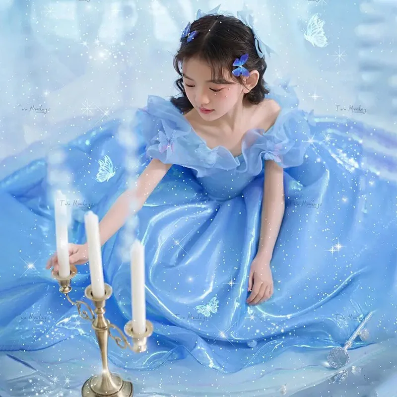 Princess Cosplay Costume for Toddler Girls 3 To 6 12 Years Kids Birthday Party Blue Dress Elegant Dresses Long Luxury 2023 Gown