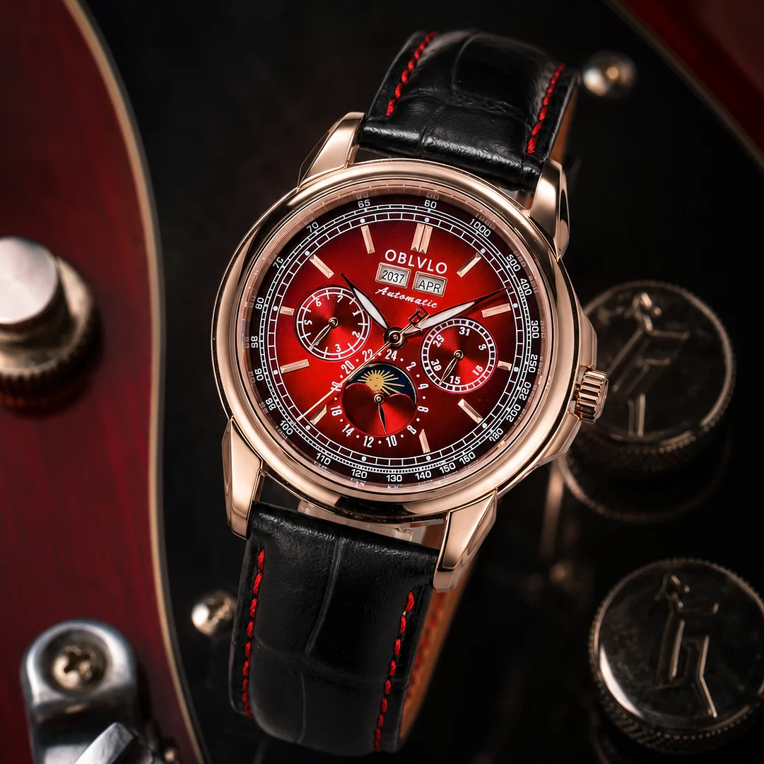 OBLVLO Men's Luxury Rose Gold Red Dial Completed Calendar Mechanical Watch Moonphase Display Crocodile Pattern Leather GCM-S
