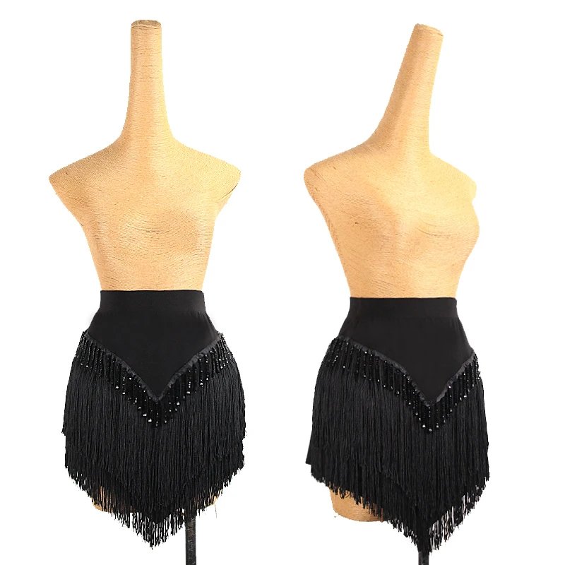 Bead Tassel Latin Dance Skirt Women Cha Cha Dance Clothes Rumba Samba Salsa Performance Skirt Adult Black Latin Skirt DNV16669