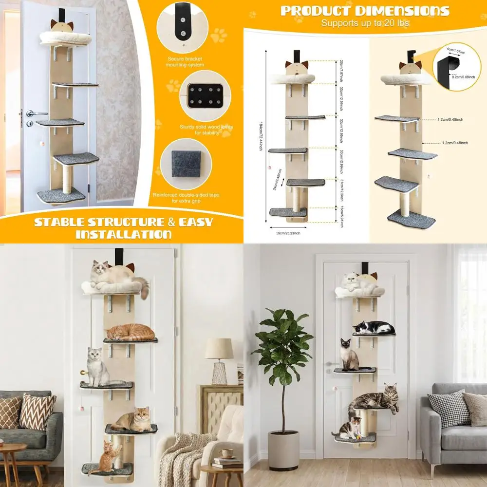 

5-Level Vertical Door-Mounted Cat Tree Tower with Carpeted Deck and Scratching Post for All Cat Sizes
