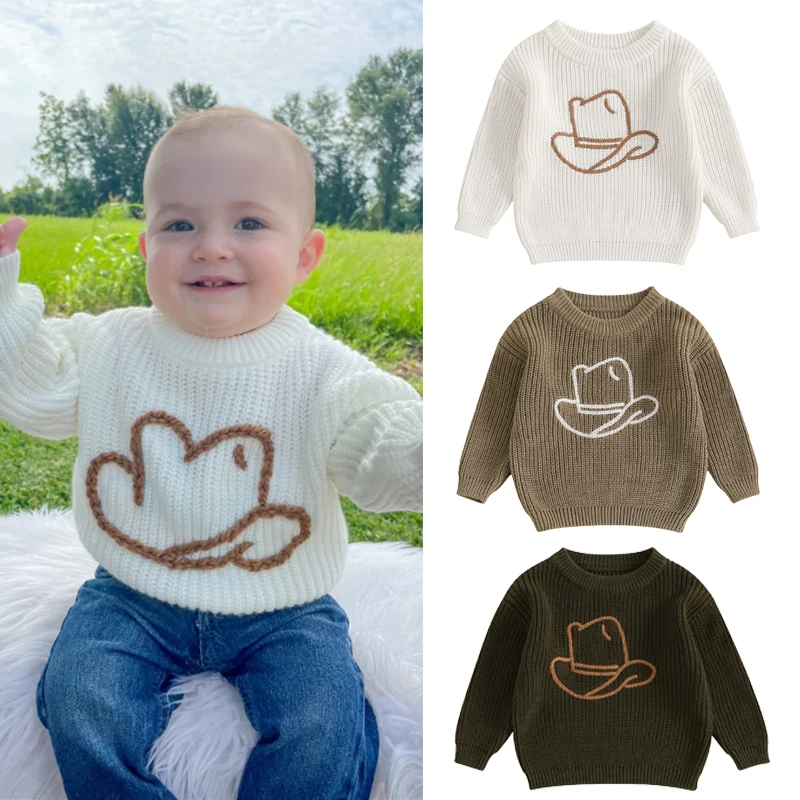 FOCUSNORM 0-3Y Autumn Winter Baby Boys Girls Knit Sweater Hat Embroidery Crew Neck Long Sleeve Pullover Tops