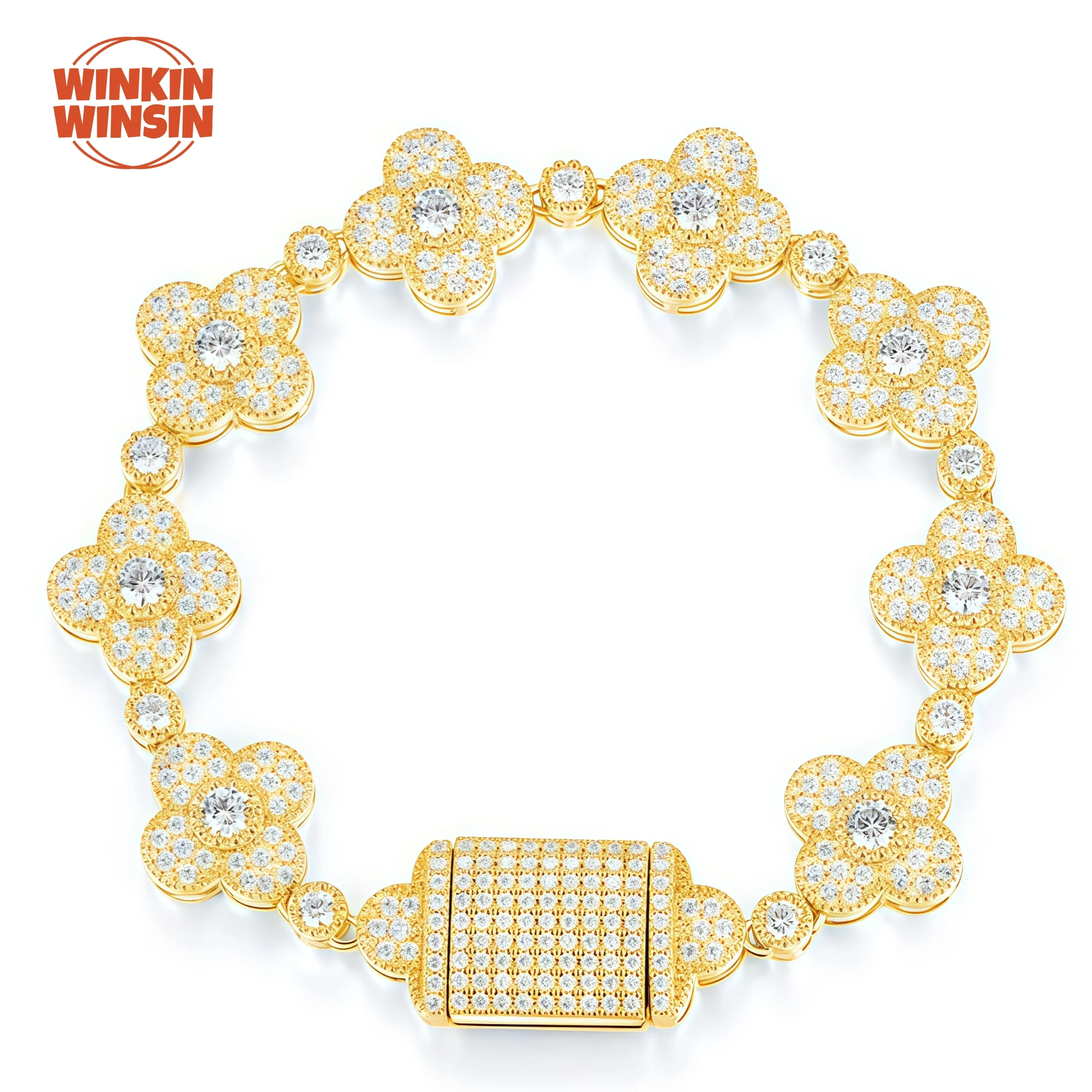 

Winkin Winsin 925 Sterling Silver Bangle GRA Certificate Diamond Gemstones Four Leaf Clover Moissanite Women bracelet Jewelry