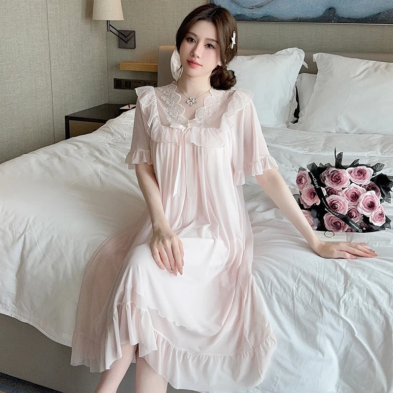 

2025 New Summer Short Sleeve Sexy Lace Cotton Nightgowns for Women Korean Cute Lace Sleepwear Night Dress Nightdress Home Nighty