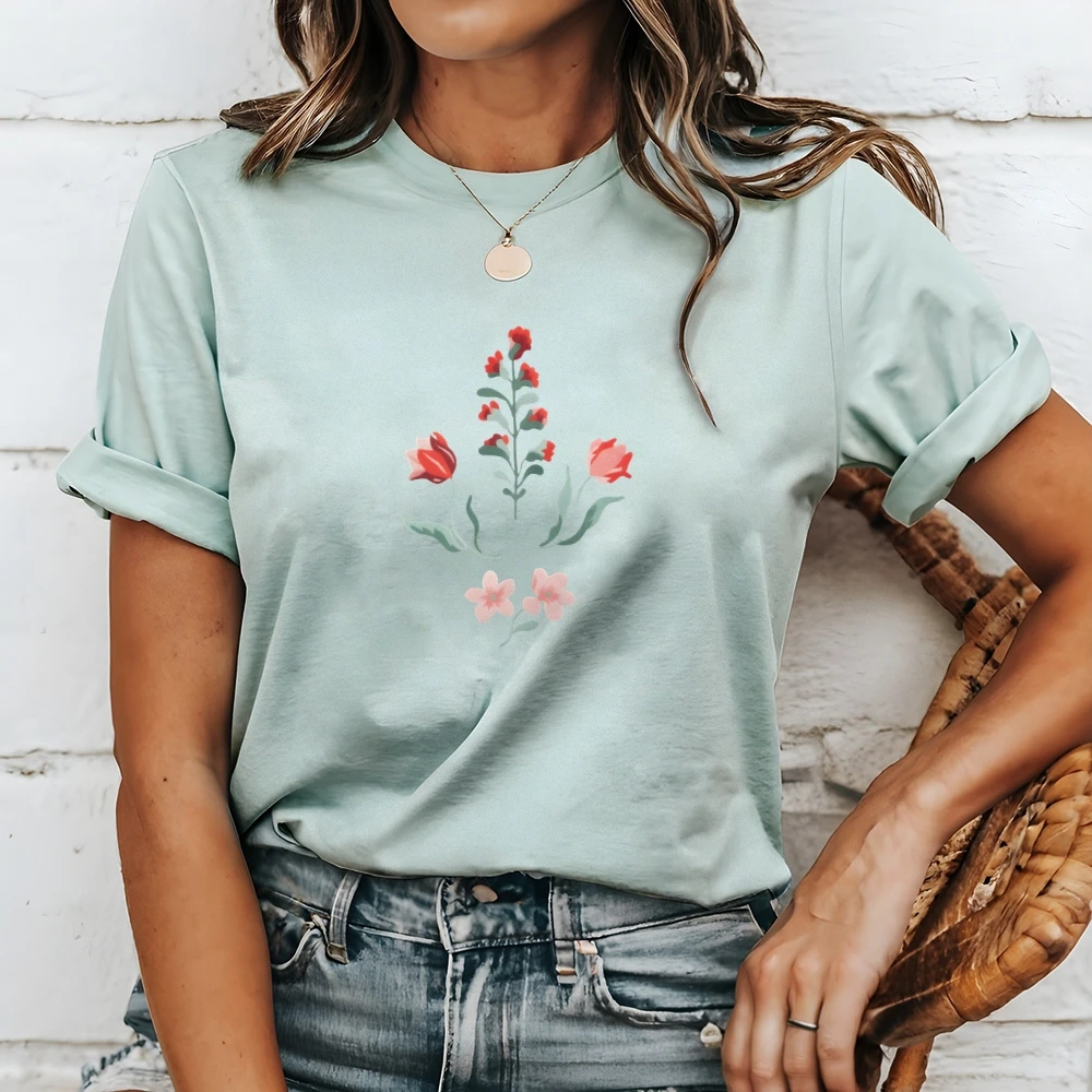 

Summer Essential Women Cotton T-Shirt Y2K Graphic Retro Design Lightweight Breathable Tee Versatile Casual Top Charming Flowers