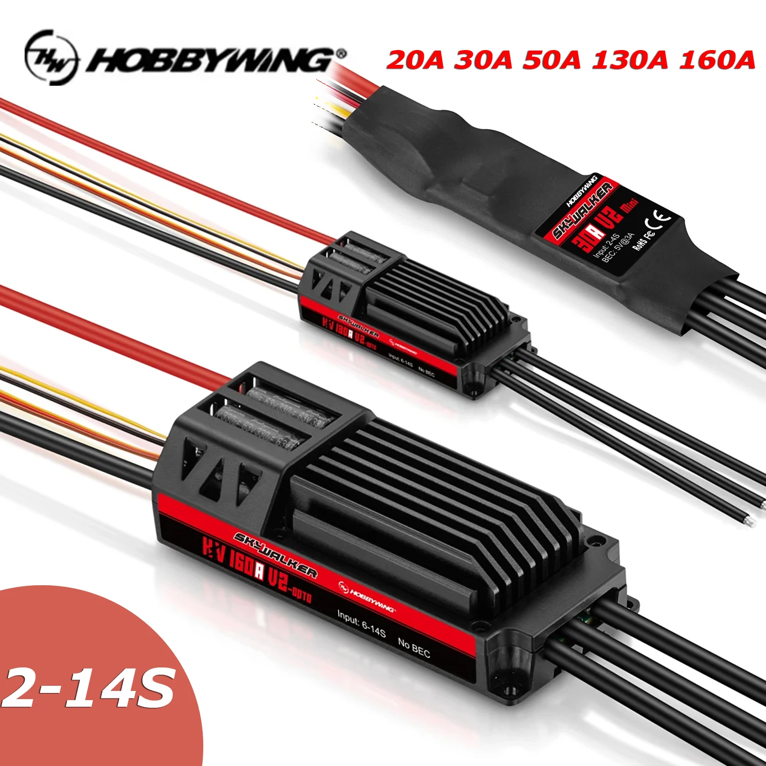 Oryginalny regulator obrotów Hobbywing Skywalker 20A 30A 50A 130A 160A V2 ESC 2-14S z UBEC do modeli RC helikopterów i samolotów