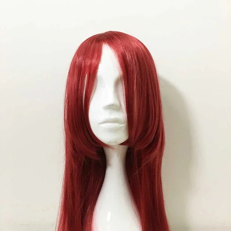 Women Red Extra Long Straight Layer Side Swept Bangs Cosplay Anime Synthetic Wig