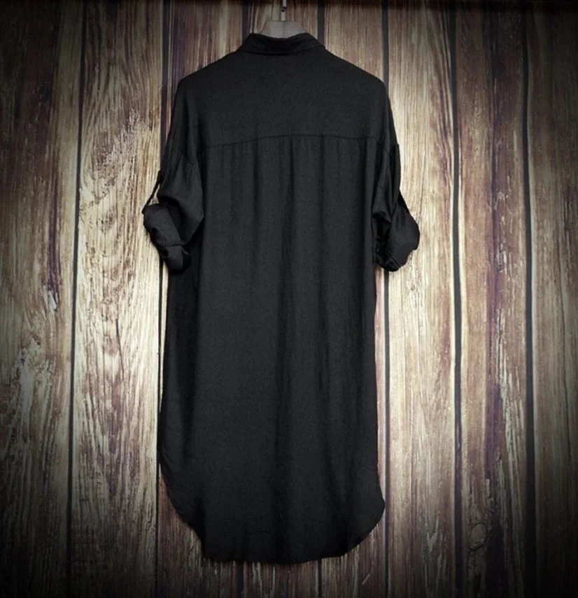 Spring Summer New Men Tide Dark Mid-length Shirt Turn-down Collar Long Sleeve Casual Trend Punk Chic Ins Shirts Top