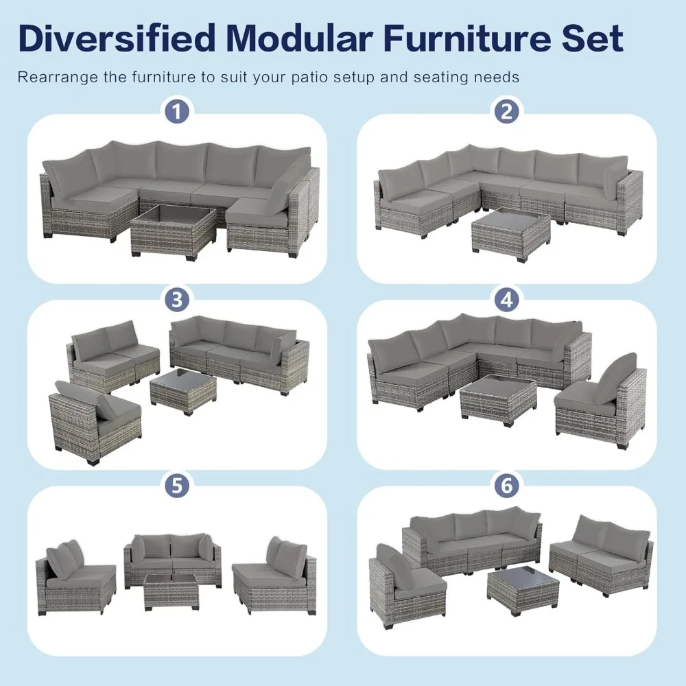 Outdoor Patio Furniture 7-Piece Set, Grey Rattan 6-Seater Conversation Set with Soft Grey Cushions, Includes Coffee Table for Ga