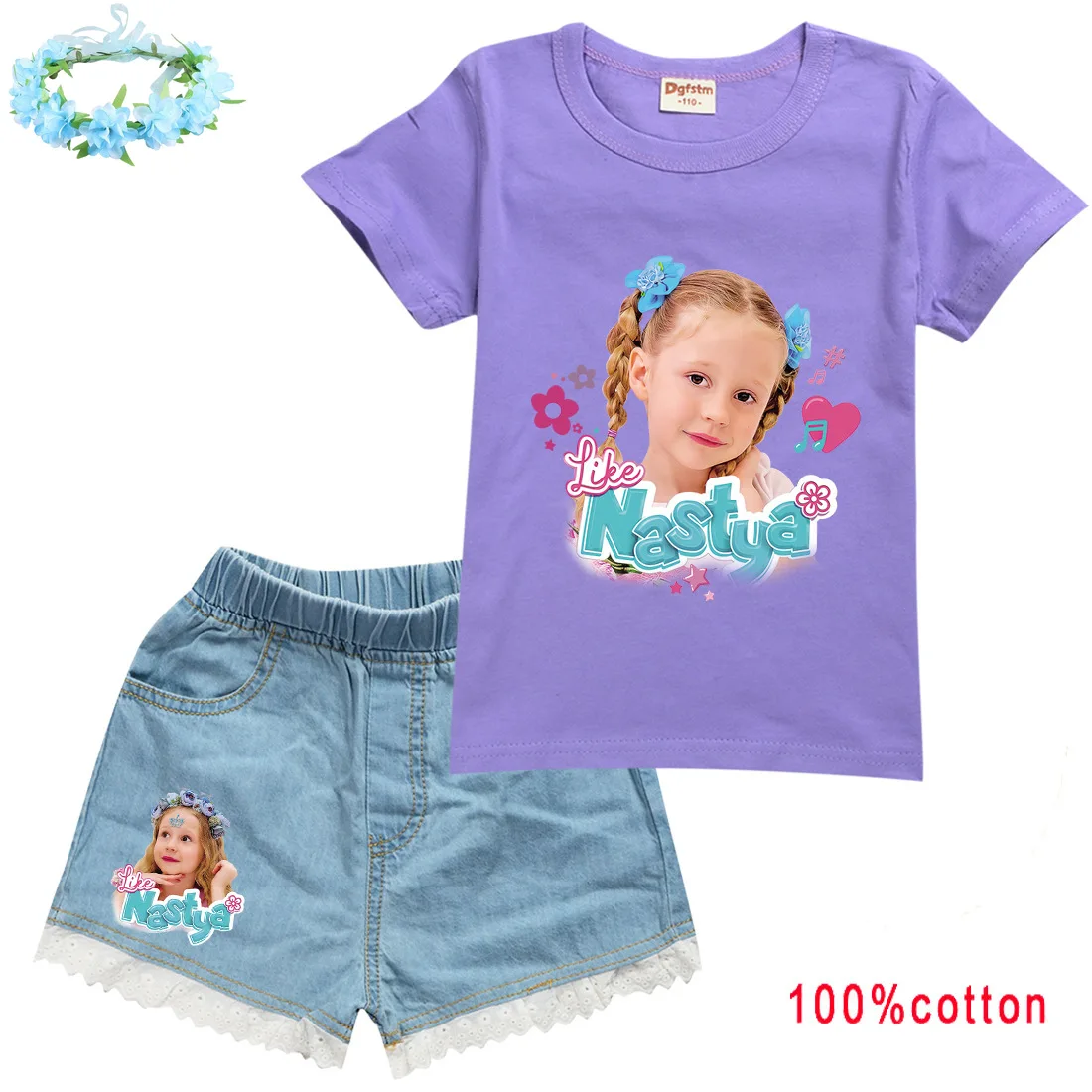 

Like Nastya Show Clothes Kids Summer Casual Outfits Toddler Girls Short Sleeve T-shirt+Denim Shorts 2pcs Set Children's Clothing