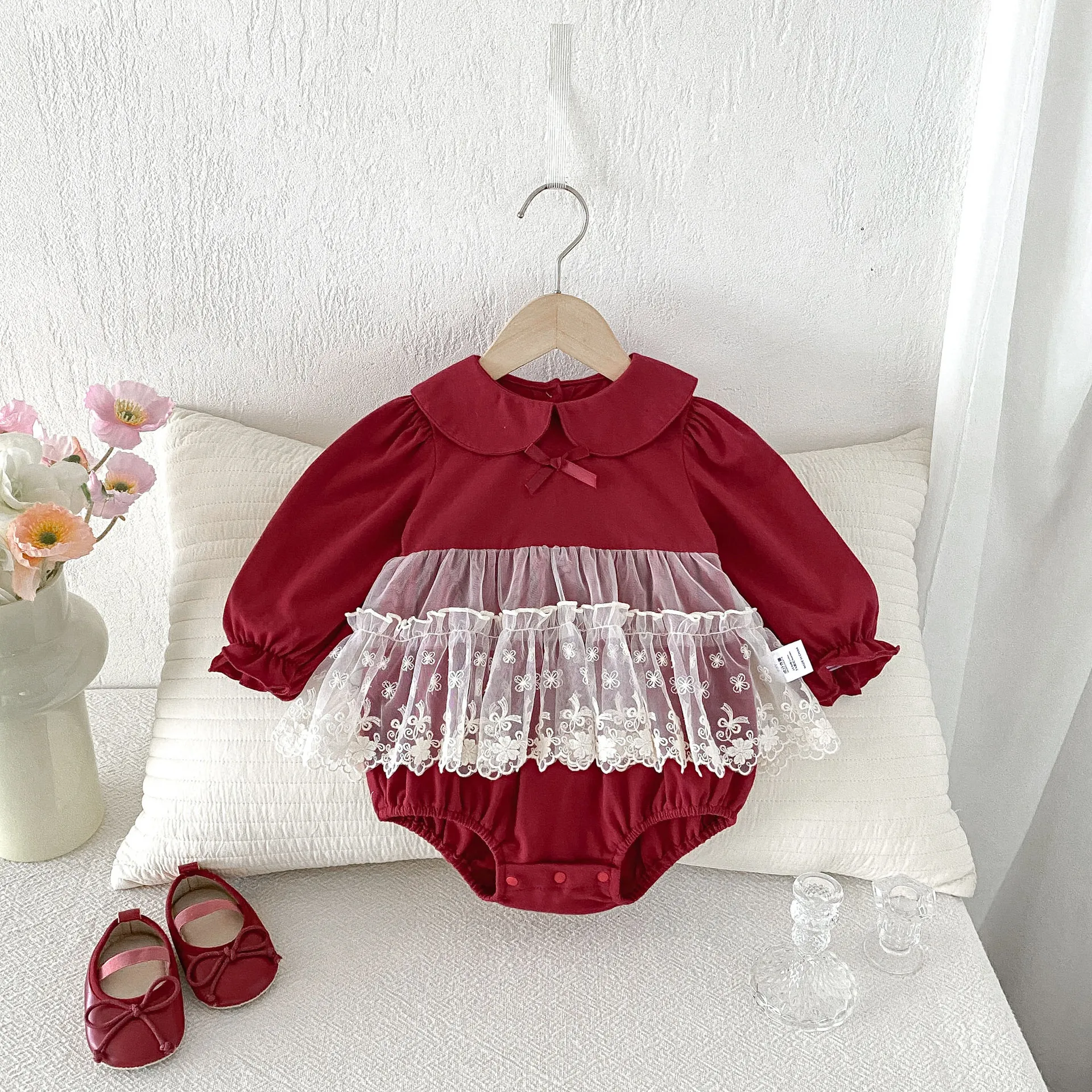 2026 0-2Y Baby Bodysuit Korea Cotton Ruffle Lace Peter Pan Collar Long Sleeves Baby Girls Princess Dress Soft Infant One-Pieces