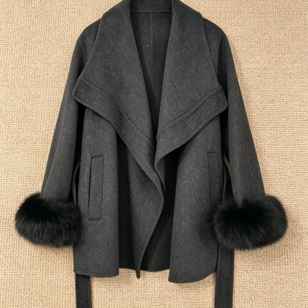 Women Short Woolen Coat Collar Fur Cuff Detail Belted Waist Solid Color Loose Fit Warm Outerwear for Winter Women Outercoat