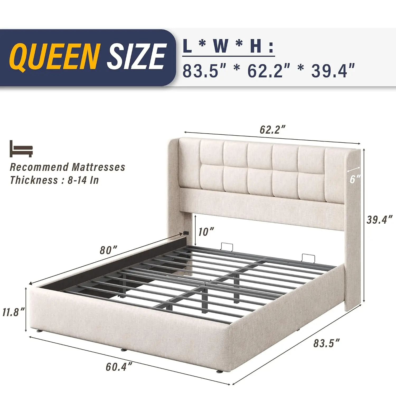 Queen Bed Frame with Hydraulic Gas Lift Up Storage, Linen Upholstered | Beige Platform Bed with Wingback Headboard,, Customized