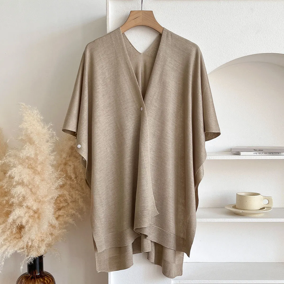 

Latest Design Knitted Cloak Women V-neck Solid Color One Button Shawl Simple Fashion Soft Thin Sunscreen Coat Female Scraf