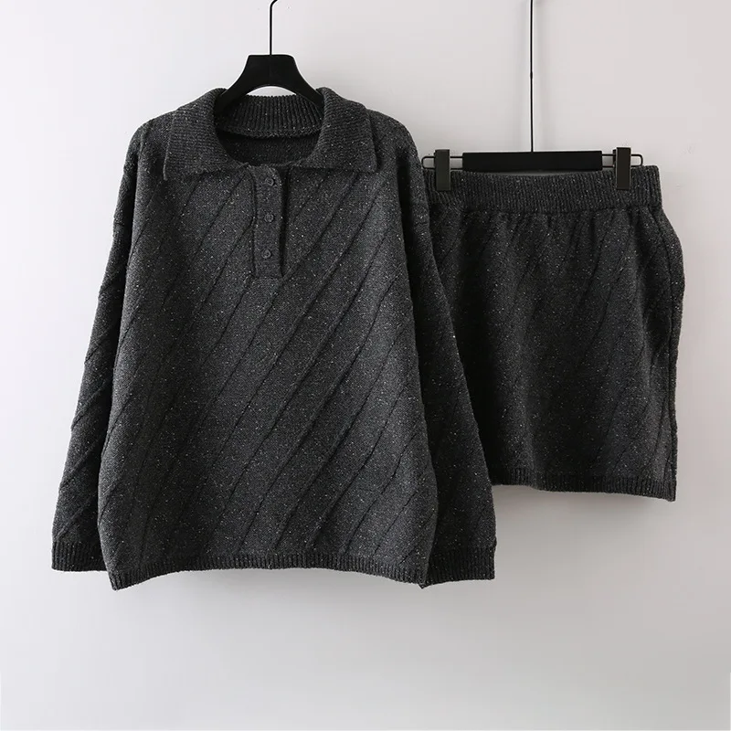 Greenora 2026 Polo Collar Knit Sweater and High Waist Mini Skirt Set Women Autumn Two Piece Preppy Korean Chic Fashion Outfit