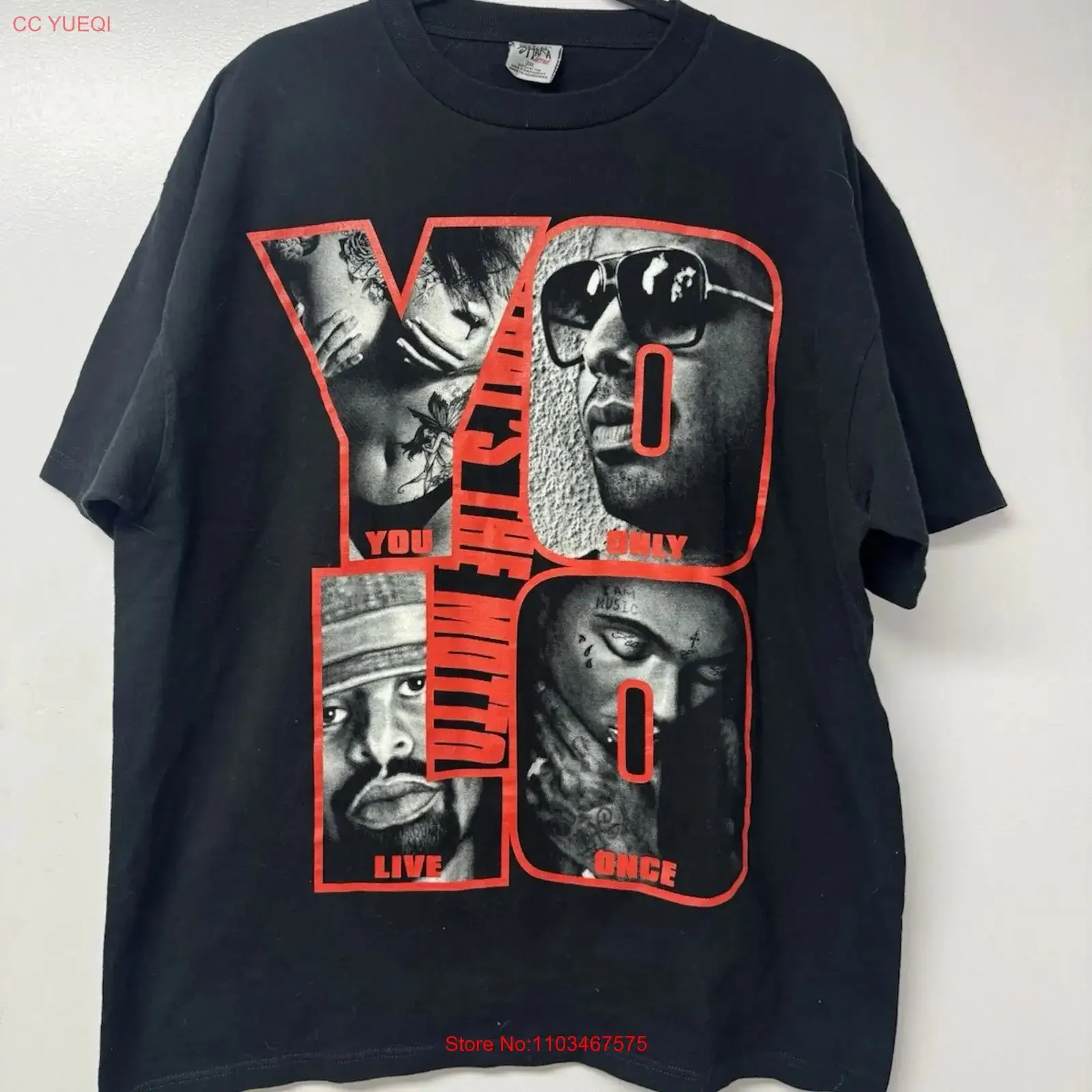 Camiseta Shaka Active 2XL Negra YOLO, Estilo Hip Hop, Streetwear, Ghetto Rules, Vintage, Lavada, Elegante, Ligeramente Versátil, Transpirable, Casual