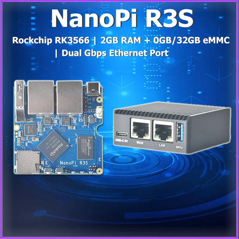 NanoPi-Placa de Desenvolvimento Mini com CNC Metal Case, R3S, Rockchip, RK3566, Dual Gigabit Port, Suporte 2GB, OpenMediaVault, OpenWrt