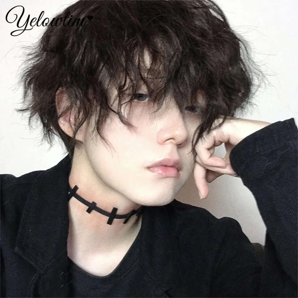 YELOWTISynthetic Short Curly Hair Wigs For Men Boy Costume Cosplay Party Black Heat Resistant Fake Hair