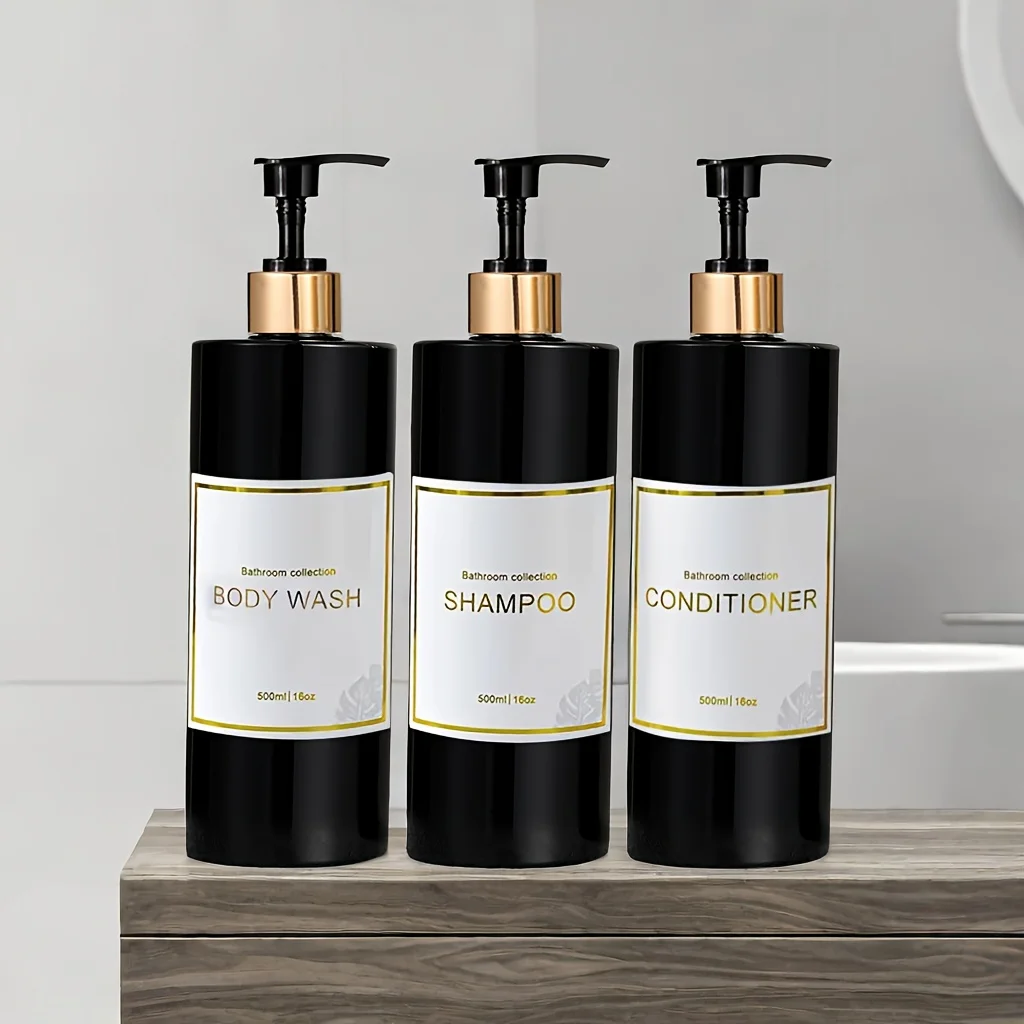 3Pcs Countertop Soap Dispenser Set Shower Soap Bottles with Pump and Labels Easy to Refill Body Wash Dispensers