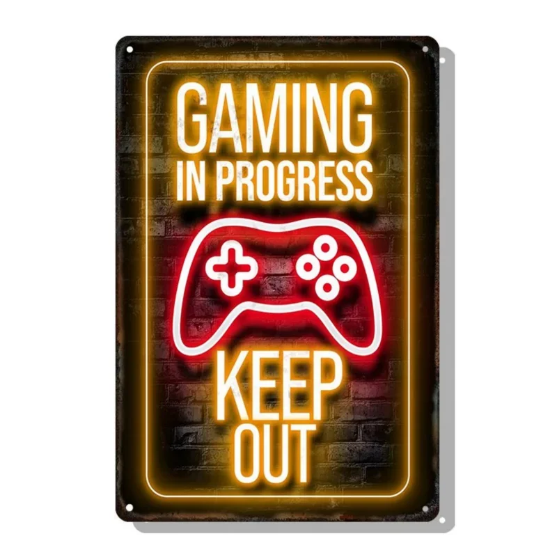 Gamepad Metal Poster Neon Light Glow Lettering Decorative Tin Sign Game Room Wall Art Plaque Modern Home Aesthetic 8 X 12 Inch