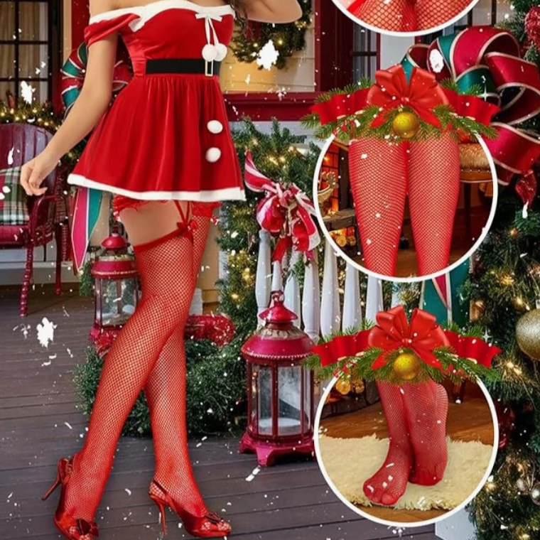 

Autumn Winter Christmas Red Mesh Stockings Cute Lace Bowknot Breathable Long Socks Sexy Stocking for Women Party Costumes