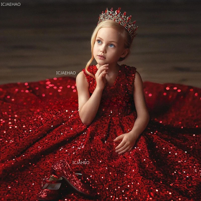 New Kids Puffy Princess Ball Gown with Long Train Sequin Dress for Host Piano Flower Girl Pageant Evening Performance Children