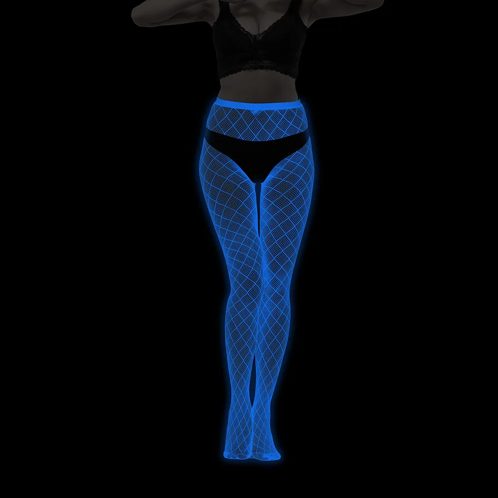 Collants Sexy ajourés bleu vert qui brillent dans la nuit pour femmes, collants Hipster à haute élasticité