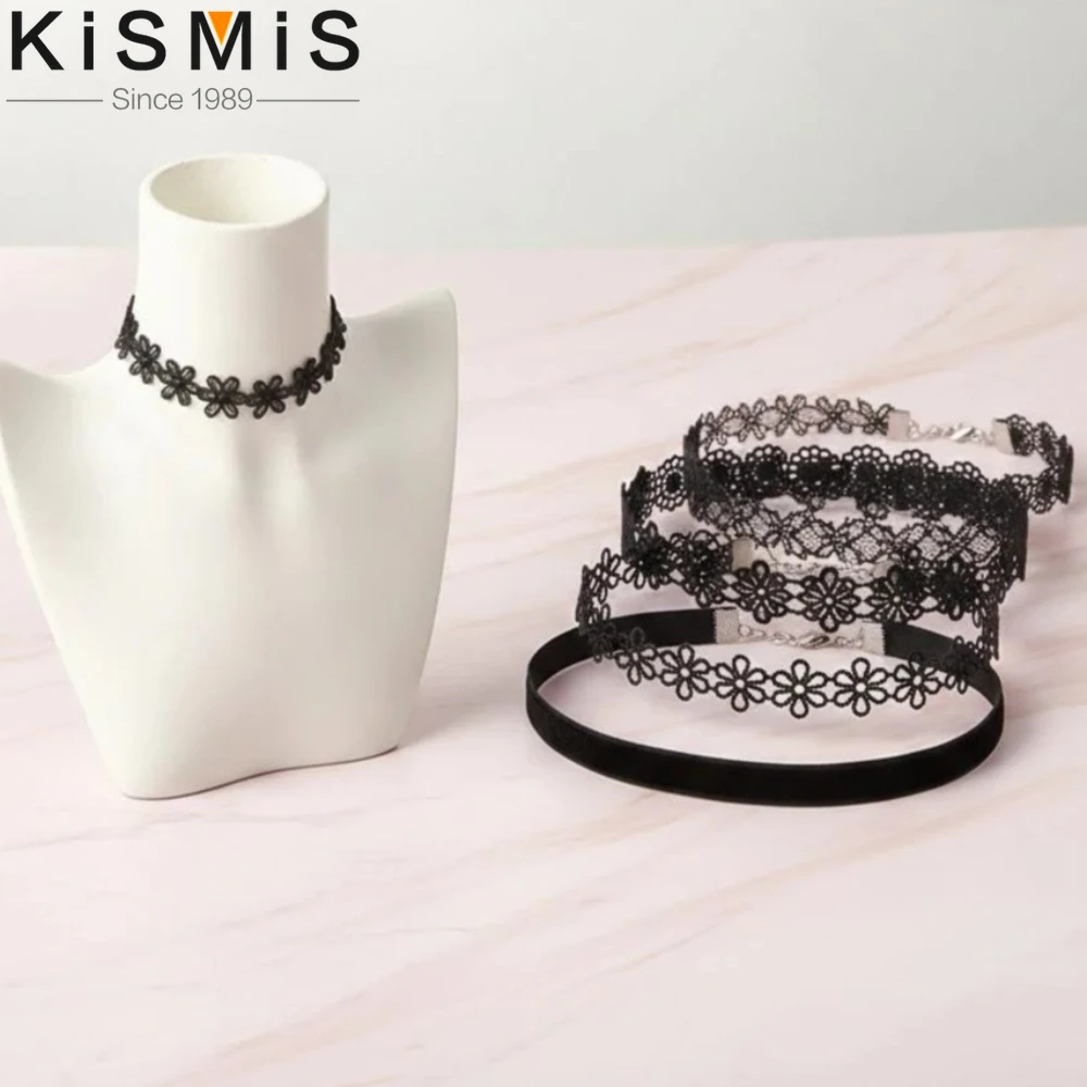 Vintage Gothic Black Lace Choker Necklace Set Elastic 6Pcs Women Jewelry Accessories Trendy Punk Style