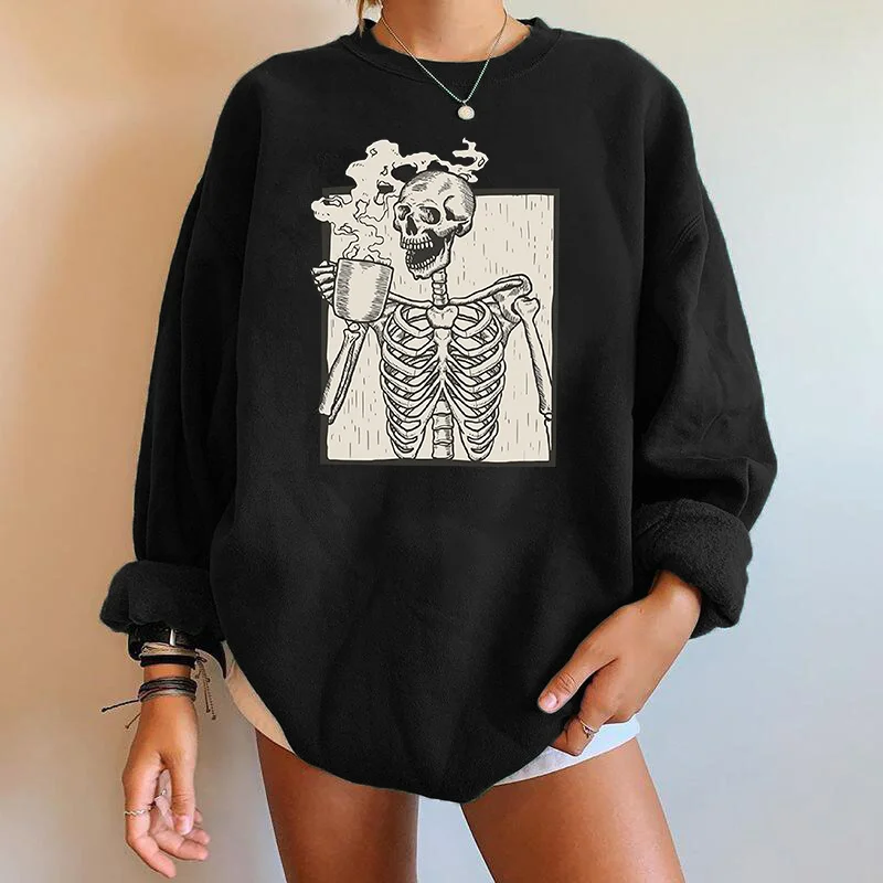 

Seeyoushy Drinking Tea Skull Skeleton Funny Women Sweatshirts Pullovers Y2K Sweatshirts Top Clothes Winter Moletom Feminino 2023