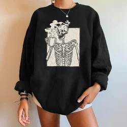 Seeyoushy Drinking Tea Skull Skeleton Funny Women Sweatshirts Pullovers Y2K Sweatshirts Top Clothes Winter Moletom Feminino 2023