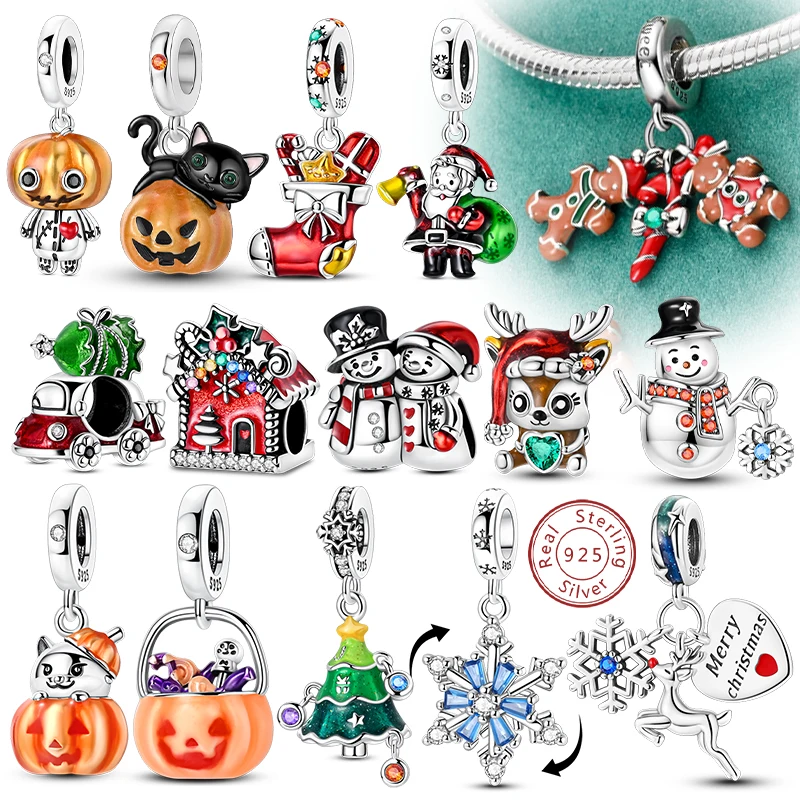 Weihnachten Halloween Winter Charms Perle 925 Sterling Silber Kürbis Lebkuchenmann Elch Schneemann Charms passen Armband Frauen Schmuck