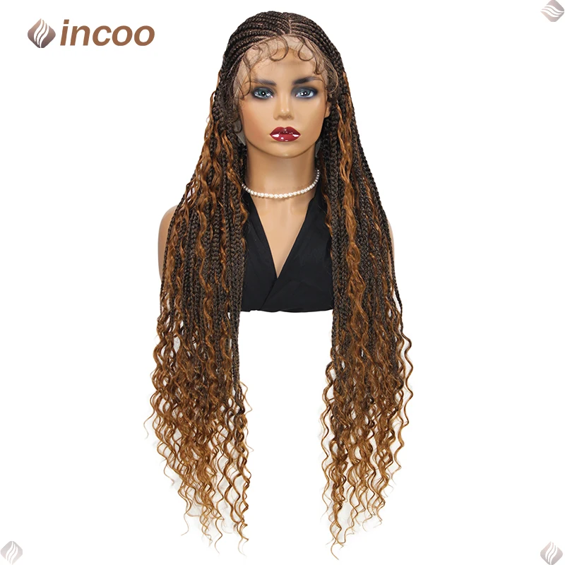 Bohemian Wig kepang Cornrow renda Wig sintetis untuk wanita warna hitam Wig kepang kotak tanpa simpul renda penuh Wig kepang Cornrow