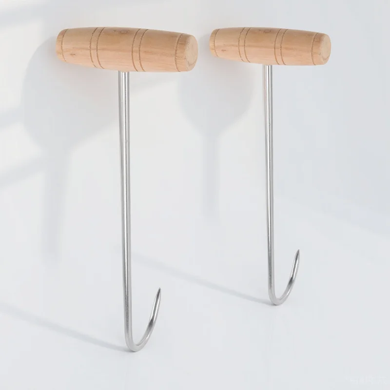 

2Pcs T Handle Meat Hook Stainless Steel and Wood for Butcher Shops Bbq Masters Hunting Meat Processing Professional Use